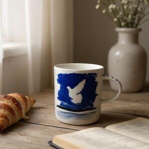 Anthropologie Coffee Tea Mug Cup  Magique Dove Bird Melange Blues Black White